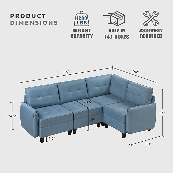 Lexicon L Shape Sectional Couch with Hidden Storage Textured Fabric Modular Sectional Sofa with Button-Tufted Design Reversible Back Cushion 4 Seater Sofa Blue