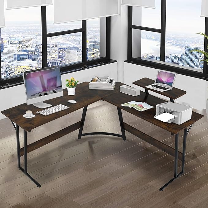 51 inch L Shaped Gaming Desk Computer Desk for Bedroom Brown L shaped Desk for GamingHome Office Desks with Detachable Monitor Stand Corner Desk for Small PlaceLargeCarbon FiberBrown desk