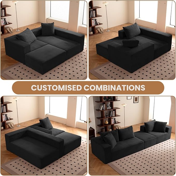 108 L-Shaped Boneless Couch Modular Sectional Sofa with Moveable Ottoman Corduroy Cloud Couches for Living Room No Assembly Ship in a Box Black