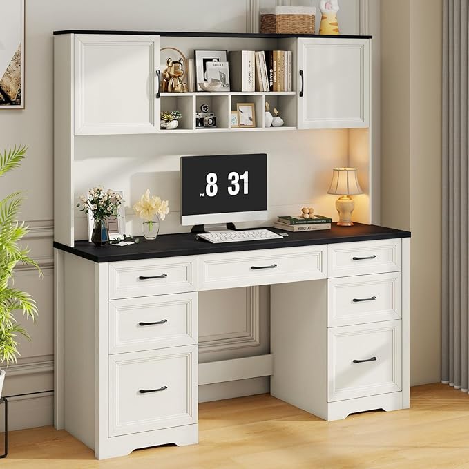 Farmhouse Executive Desk with 7 Drawers and Storage Cabinet Rustic Large Home Writing Desk with Hutch Workstation for Bedroom Black