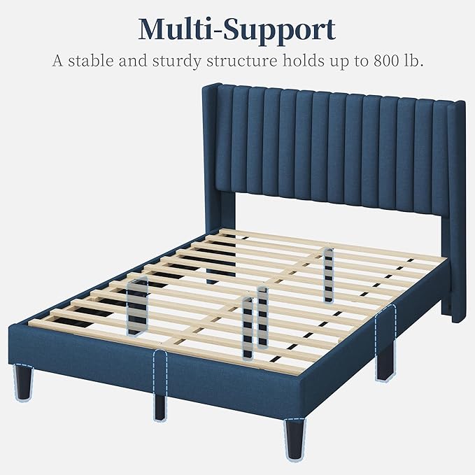 Yaheetech Full Size Bed Frame Upholstered Platform Bed with Wing Edge Headboard Square Tufted Fabric/Mattress Foundation/Wooden Slats Support/No Box Spring Needed/Easy Assembly/Navy Blue
