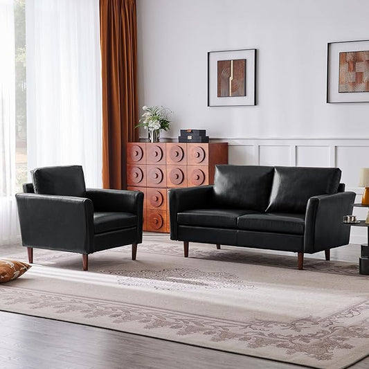 Kingfun Living Room Furniture Sets Loveseat and Armcahir Mid Century Modern Sofa Set Faux Leather Couch with Solid Wood Frame for Living Room &amp Bedroom Black