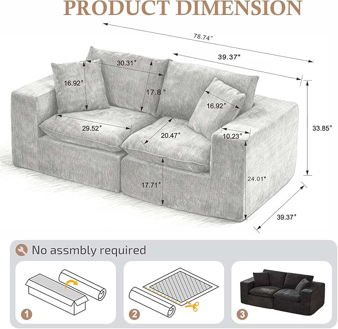 78'' Chenille Modular Loveseat Black Boneless Loveseat with 2 Pillows Cloud Couch Love Seats for 2-Seater Upholstered Sectional Sofa for Living Room No Assembly Freely Combinable (Black)
