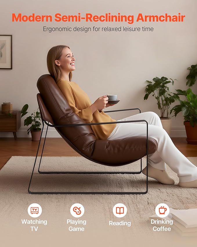 VEVOR Accent Chair Modern PU Leather Armchair Cozy Upholstered Chair with Soft Foam Cushioning Sturdy Metal Frame and Detachable Cushion for Living Room Bedroom Reading Room Office Brown