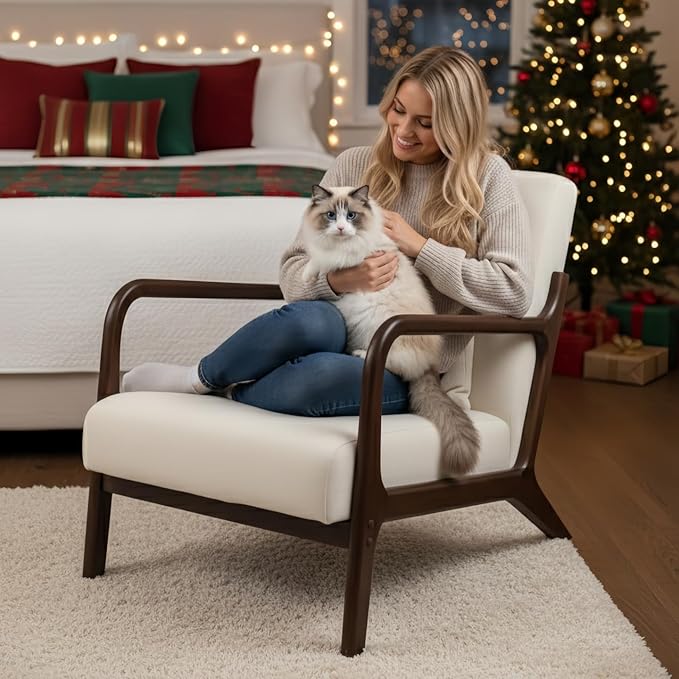 Modern Accent Chair Cotton Linen Fabric Upholstered Lounge Armchair with Solid Wood Frame for Living Room Bedroom Reading Nook (White-Dark Brown armrest)