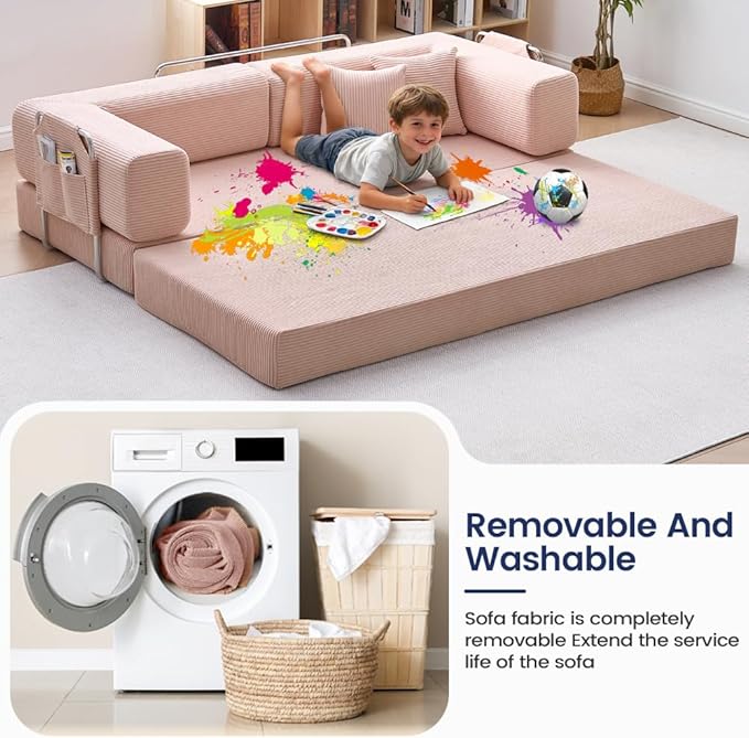 Folding Sofa Bed Convertable Corduroy Couch King Size Floor Sleeper 4-in-1 DIY Combination Modular Sofa Fold Out Futon Lounge Comfy Foldable Lazy cama for Living Room (Pink 80.15)