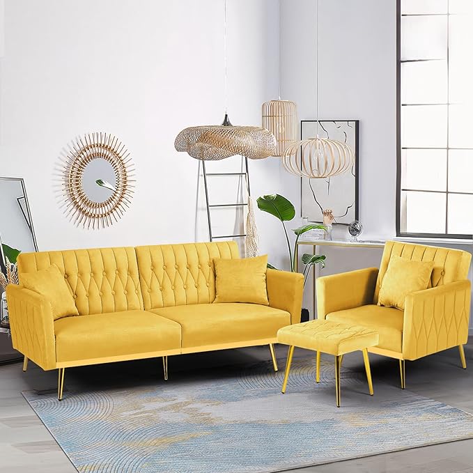 2 Pieces Velvet Sofa Set with Adjustable Armrest and Backrest 70” Convertible Futon Sofa Bed &amp Mordern Accent Chair with Ottoman for Living Room Bedroom Yellow