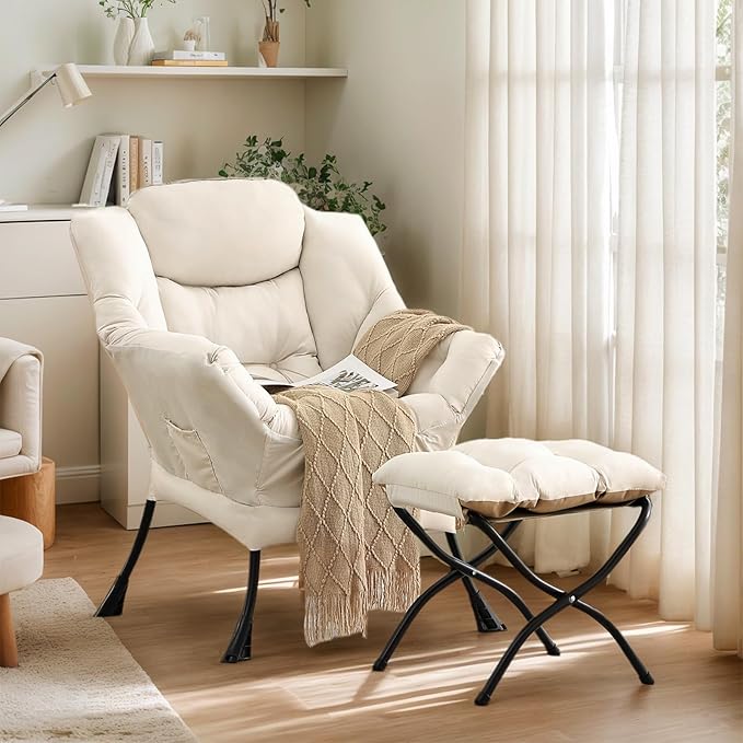 Lazy Chair with Ottoman Large Beige Accent Chair with Ottoman Comfy Reading Armchair Leisure Sofa Chair for Living Room Bedroom Dorm Room Office