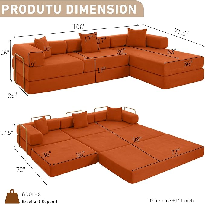 108 W Corduroy Modular Cloud Couch with Fixed-Shape Frame Oversized L-Shaped Sectional Sleeper Sofa Bed with Pull Out Bed No Assembly Modern Floor Boneless Couch for Living Room (Orange)