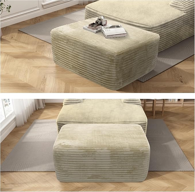 37'' Oversized Ottoman Bench Plush Corduroy Poufs Foot Tool Fluffy Boneless Couch Footrest Padded Seat Seat Cube for Living Room No Assembly (Beige)