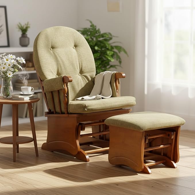 Solid Wood Glider Rocking Chair with Ottoman Set - Stylish Modern Nursery Glider Rocker with Thick Padded Cushion Smooth Gliding Motion for Living Room Nursing Reading - 280LBS Capacity Khaki