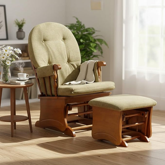 Solid Wood Glider Rocking Chair with Ottoman Set - Stylish Modern Nursery Glider Rocker with Thick Padded Cushion Smooth Gliding Motion for Living Room Nursing Reading - 280LBS Capacity Khaki