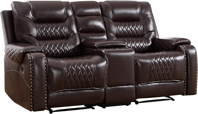 EBELLO Manual Reclining Loveseat Faux Leather Double Recliner Sofa with Center Console Hidden Storage &amp Cup Holders Vintage Rivet Mid-Century Modern Design for Living Room Dark Brown