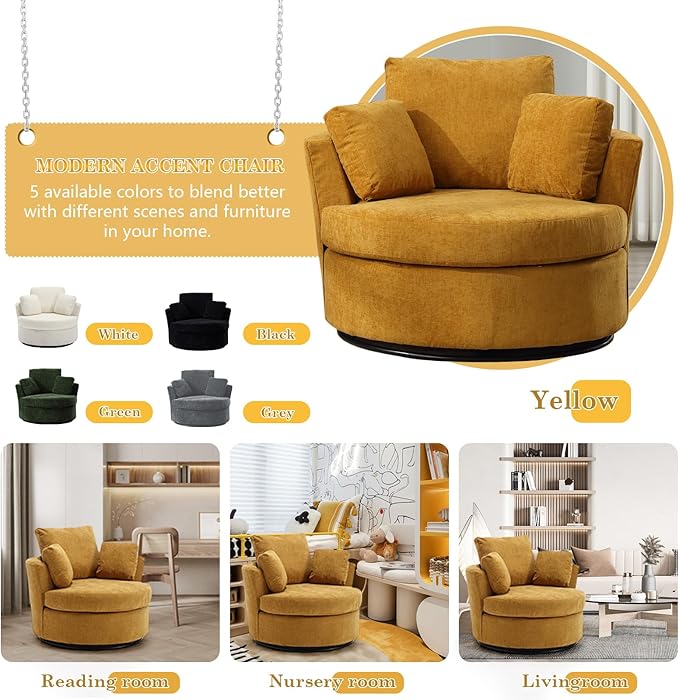 Swivel Barrel Chair Modern Fabric Oversized 360 Degree Club Accent Arm Chairs Single Round Living Room Sofa Chair w/ 3 Pillows for Nursery Bedroom Reading Office Yellow