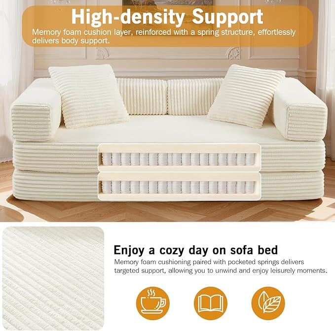 81'' Futon Sofa Bed Folding Floor Couch Bed Corduroy Fabric Boneless Couch Compressed Boneless Sofa in a Box Comfy Sleeper for Living Room-Beige