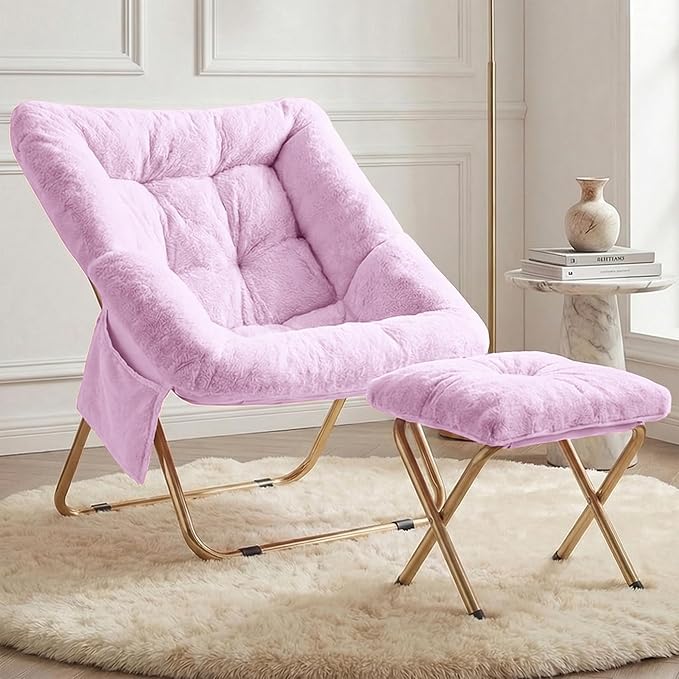 Comfy Saucer Chair for Adults Foldable Living Room Chairs Soft Faux Fur Lounge Chair for Bedroom Reading Chairs X-Large (Ottoman-Lavender)