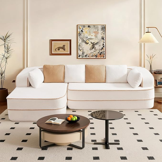 105.9 L-Shaped Boneless Sofa Left Chaise Plush Teddy Fabric 3-Seater Sectional Couches with 32D High-Resilience Foam Wide Arms for Living Room ApartmentWhite