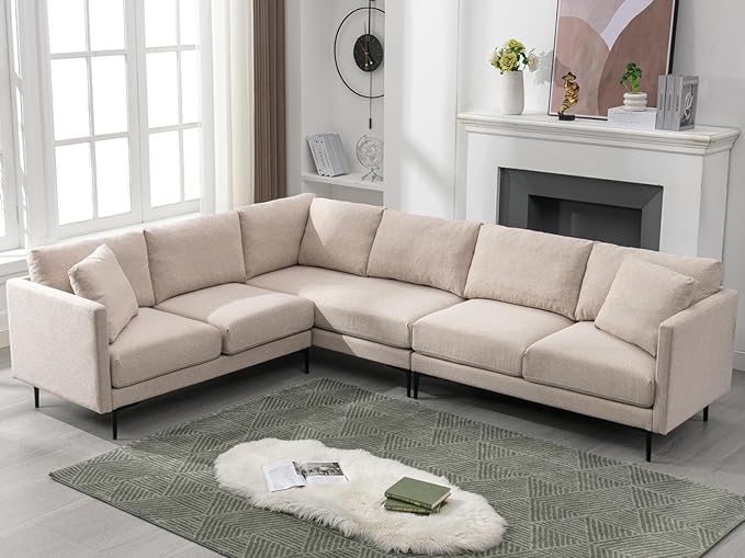 BALUS 107 Width Sectional L Shaped Sofa Couch Set for Living Room Convertible Oversized 5-Seat Corner Sofa Sets with 2 Pillows Modern Linen Sofas with Metal Legs for Living Room Apartment - Beige