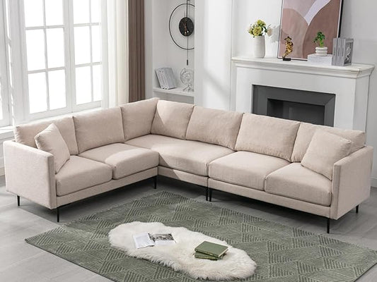 BALUS 107 Width Sectional L Shaped Sofa Couch Set for Living Room Convertible Oversized 5-Seat Corner Sofa Sets with 2 Pillows Modern Linen Sofas with Metal Legs for Living Room Apartment - Beige