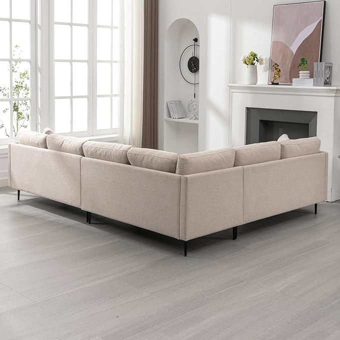 BALUS 107 Width Sectional L Shaped Sofa Couch Set for Living Room Convertible Oversized 5-Seat Corner Sofa Sets with 2 Pillows Modern Linen Sofas with Metal Legs for Living Room Apartment - Beige