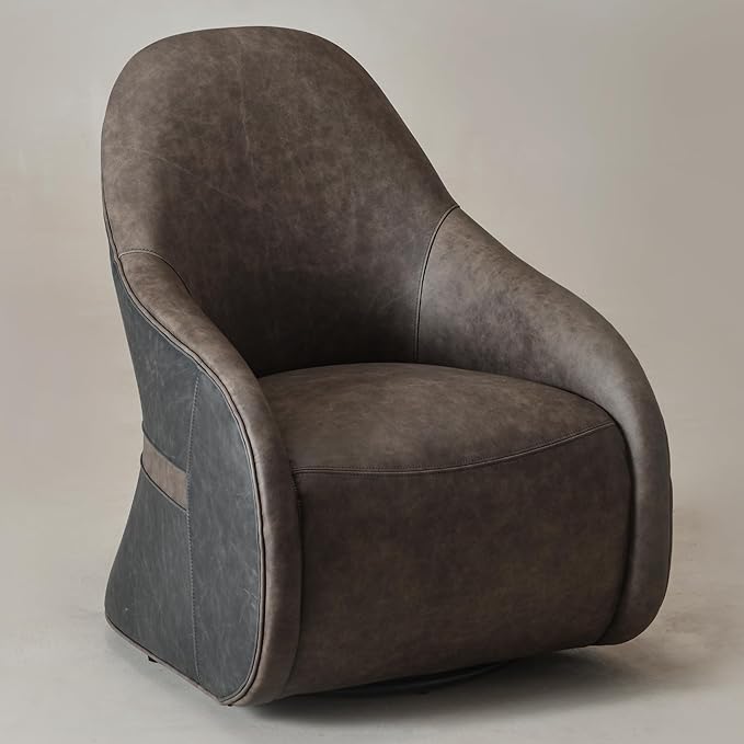 Two-Tone Leather Swivel Barrel Chair Accent Chair with Solid Wood Frame No Assembly for Living Room or Office (Dark Grey)