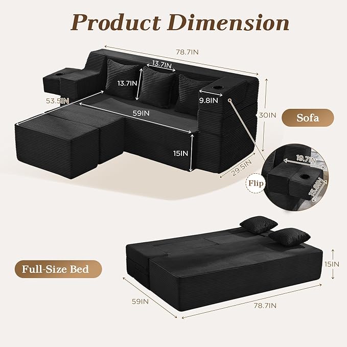 Folding Sofa Bed 78.7”Full-Length Floor Sleeper Couch Full Size Folding Sofa Bed with 2 Ottomans 3-in-1 Convertible Foam Futon No Assembly Sleeper Couch for Living Room Bedroom Small Space Black