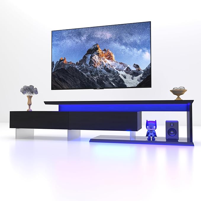 LED TV Stand for 55–90 Inch TVs Extendable Entertainment Center with LED Lights Modern TV Console with Storage Stylish Design TV Cabinet with 2 Pull-Down Doors Media Shelf for Living Room Black