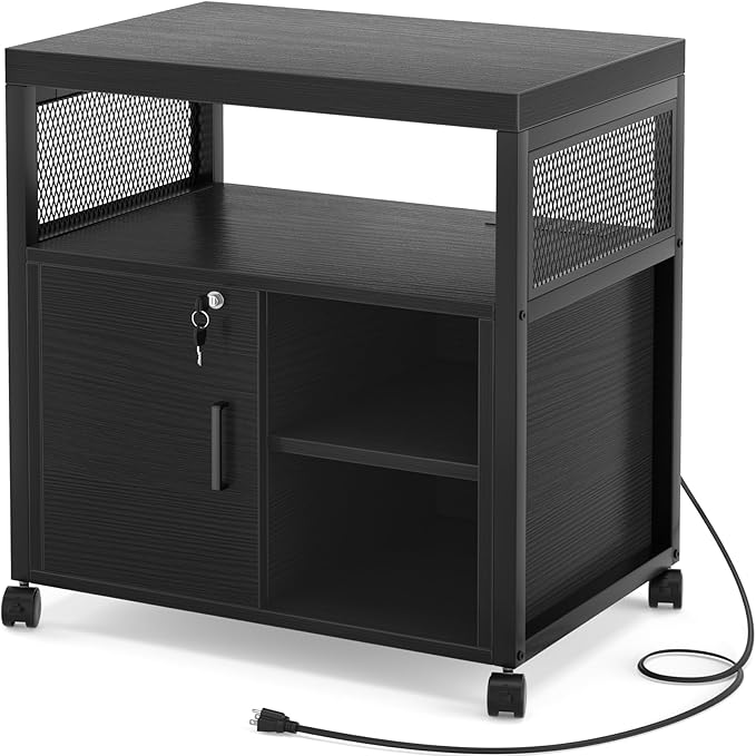 Unikito Lateral File Cabinet Locking Office Printer Stand with Sockets and USB Charging Ports Modern Rolling Printer Desk with Storage for A4 Letter Size and File Folders Black