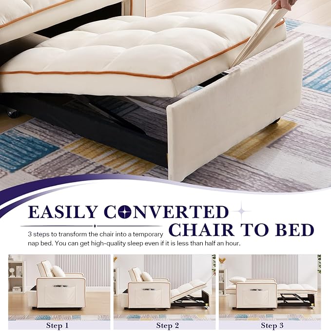 Convertible Sleeper Chair Bed 3 in 1 Modern Velvet Pull Out Sofa Bed Small Tufted Single Sleeper Chair with Adjustable Backrest/Pillow for Living Room Small Spaces Apartment Office Beige