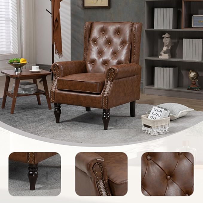 Brown Leather Accent Chair with High Back Vintage Tufted Wingback Chair with Arms &amp Rivet Upholstered Armchair &amp Single Sofa Chairs for Living Room Bedroom Office Apartment (Brown)
