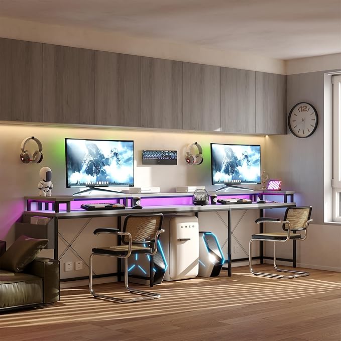 U Shaped Desk with Power Outlets USB Ports &amp RGB LED Lights 79 Inch Large Corner Computer Desk with Monitor Stand Reversible Gaming Desk for Home Office Ergonomic Workstation (Oak)