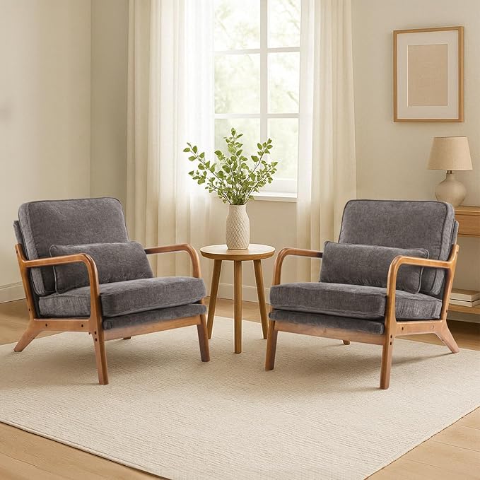 Karl home Mid Century Modern Accent Chair with Lumbar Pillow &amp Oak Arms – Plush Chenille Living Room Chair for Bedroom Lounge (Gray)