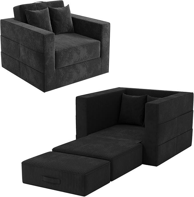 Claiks Convertible Sofa Bed2 in1 Folding Sofa BedArmchair Sleeper Sofa Boneless Corduroy Couch with 2 Pillows for Living Room BedroomBlack