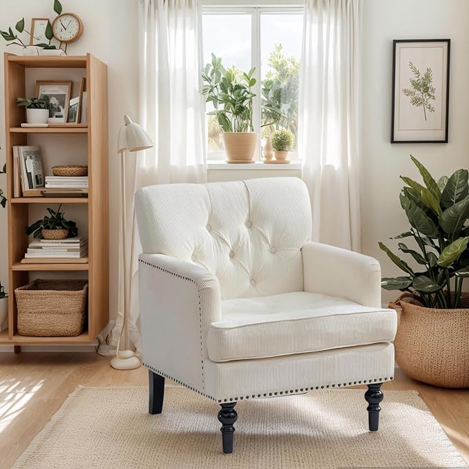Chifee &amp Vingol Wingback Chair Upholstered Button Armchair Upholstered Living Room Chairs Comfy Single Sofa ChairLinen Beige