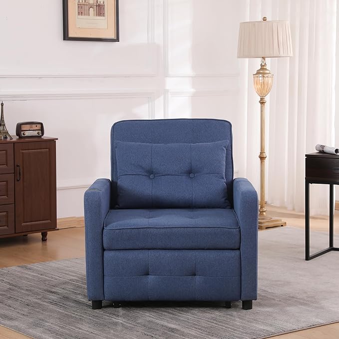 3-in-1 Convertible Futon Sofa Bed Chair Velvet Button Tufted Upholstered Pull Out Sleeper Chair with Adjustable Backrest&amp USB Ports Modern Lounge Armchair for Living Room Bedroom Apartment(Blu