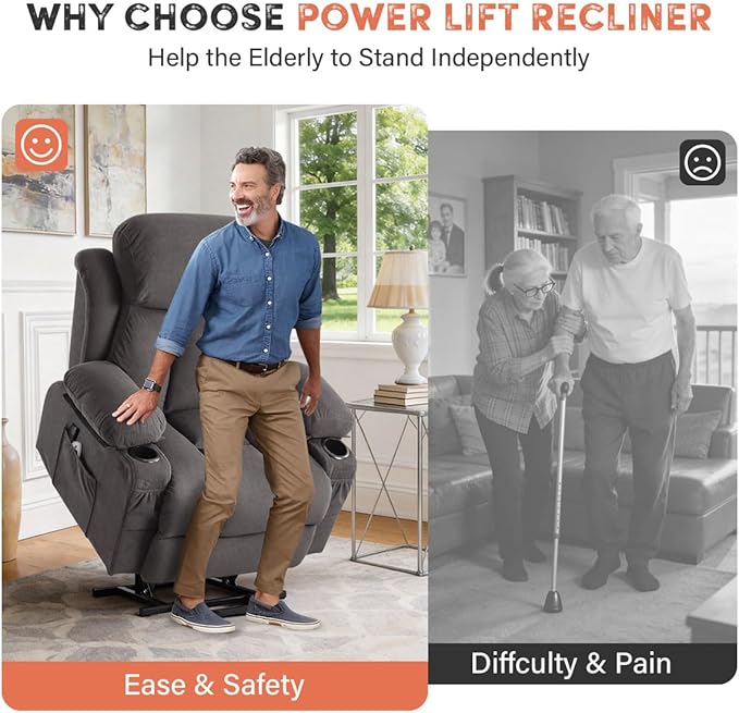 BOSMILLER Power Lift Recliner Chair with Massage and Heat for Elderly Electric Recliner Single Sofa with Two Cup Holders Extended Footrest Side Pocket and USB Charge Port for Living Room