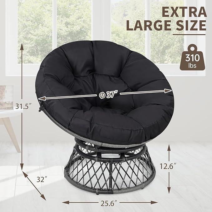 40 Ergonomic Wicker Papasan Chair 360° Swivel Indoor Outdoor Rattan Chair with Soft Thick Cushion Ideal for Living Room Bedroom Reading Room Grey Frame with Black Cushion