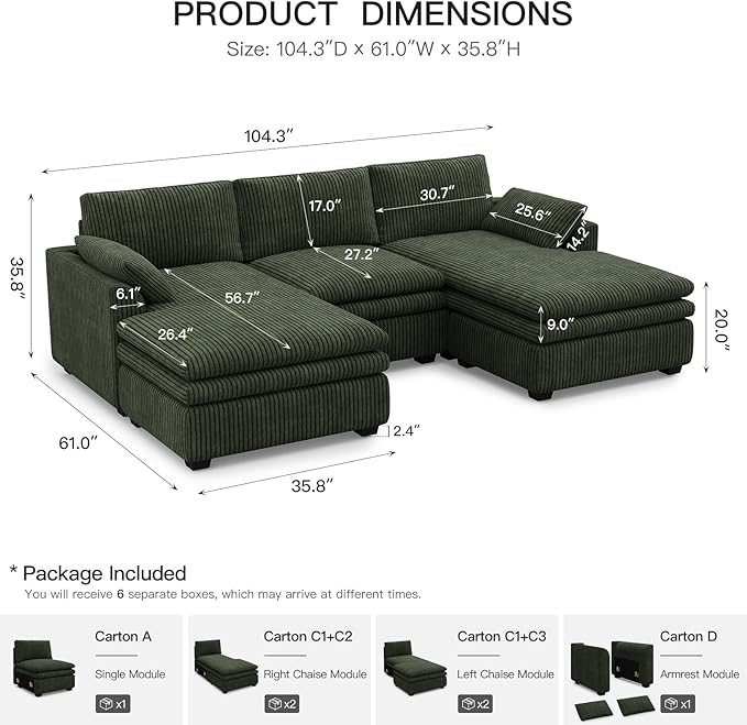 Belffin Large Modular Sectional Sofa with Double Deep Chaise 104 Corduroy U Shaped Couch with 9 Soft Dual-Layer Seats Cushion Sectional Couches for Living Room Apartment Green