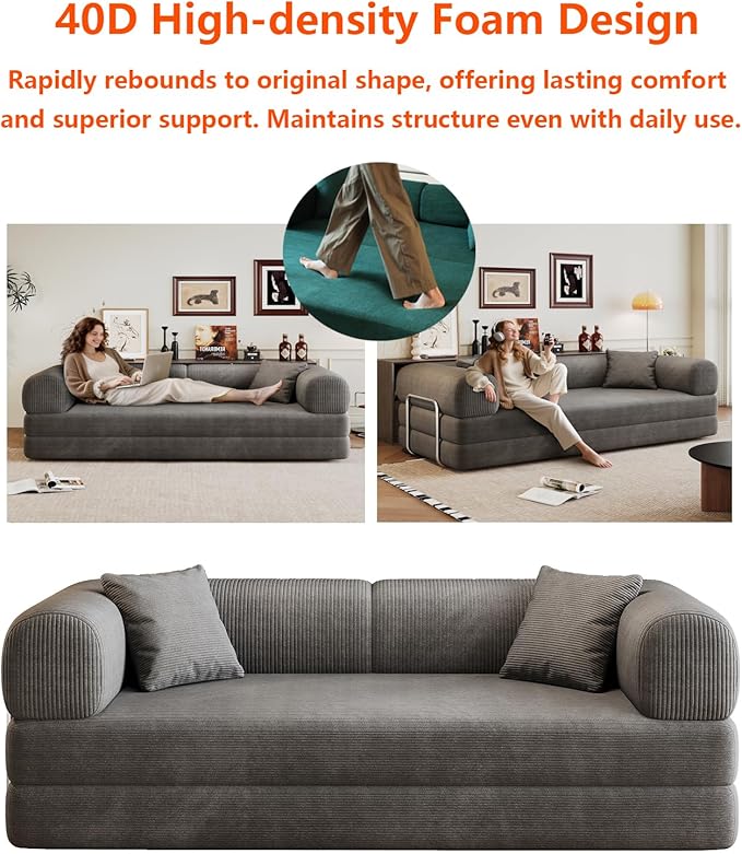 Convertible Sleeper Sofa Bed with Cylindrical Pillow 79 Inch Oversized Corduroy Upholstered Boneless CouchLove Seat Floor Sofas Living RoomSmall Space ApartmentOffice (Grey)