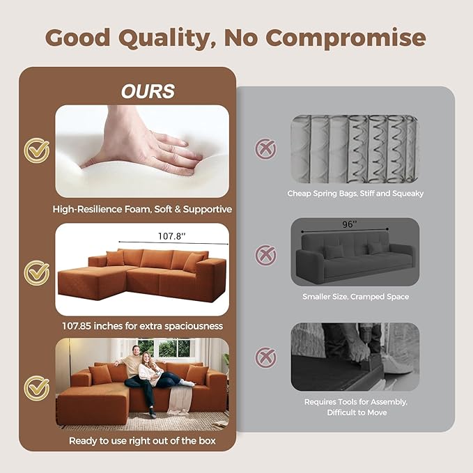 108 Sectional Couches 4 Seat Modular Sectional Sofa with Left Chaise Lounge Boneless Cloud Couch L-Shape Upholstered Couch for Apartment Living Room No Assembly Required (Orange)