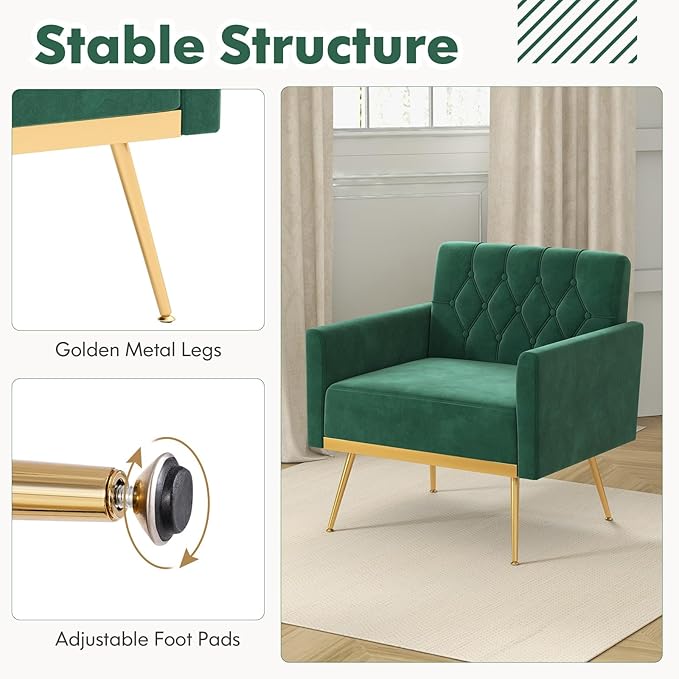 KOMFOTT Velvet Accent Chairs Set of 2 Modern Tufted Arm Chair with Golden Metal Legs &amp Adjustable Foot Pads Upholstered Sofa Chair Reading Chair for Bedroom Comfy Living Room Chairs Green