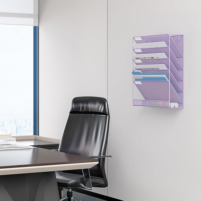 EasyPAG 5 Tier Wall File Holder Mesh Hanging Folder Organizer with Classify Label Versatile Desk File Holder Vertical Wall Mounted Mail Organizer for Office Home Cubicle Purple