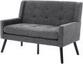 Mid-Century 47 Small Loveseat Sofa Plush Linen Fabric with Button Tufted High Back and Solid Wood Legs for Apartment Living Room Bedroom Home Office (Dark Grey 2-Seater)