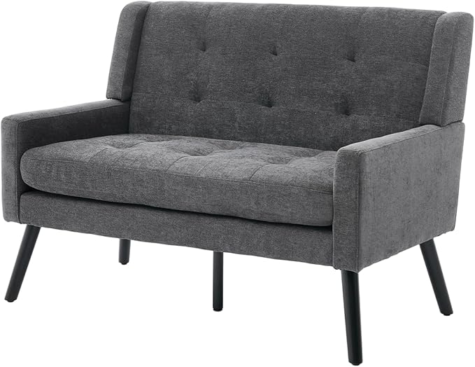 Mid-Century 47 Small Loveseat Sofa Plush Linen Fabric with Button Tufted High Back and Solid Wood Legs for Apartment Living Room Bedroom Home Office (Dark Grey 2-Seater)