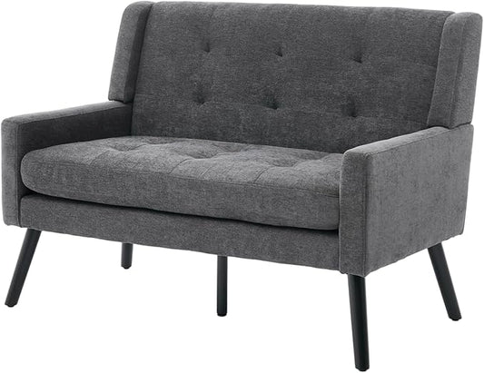 Mid-Century 47 Small Loveseat Sofa Plush Linen Fabric with Button Tufted High Back and Solid Wood Legs for Apartment Living Room Bedroom Home Office (Dark Grey 2-Seater)