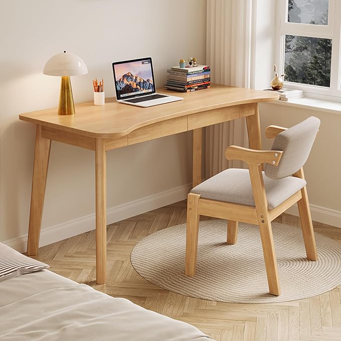 Computer Desk with 2 Drawers Modern Home Office Desk Study Table Curved Solid Wood Writing Desk(47 Inch Natural)