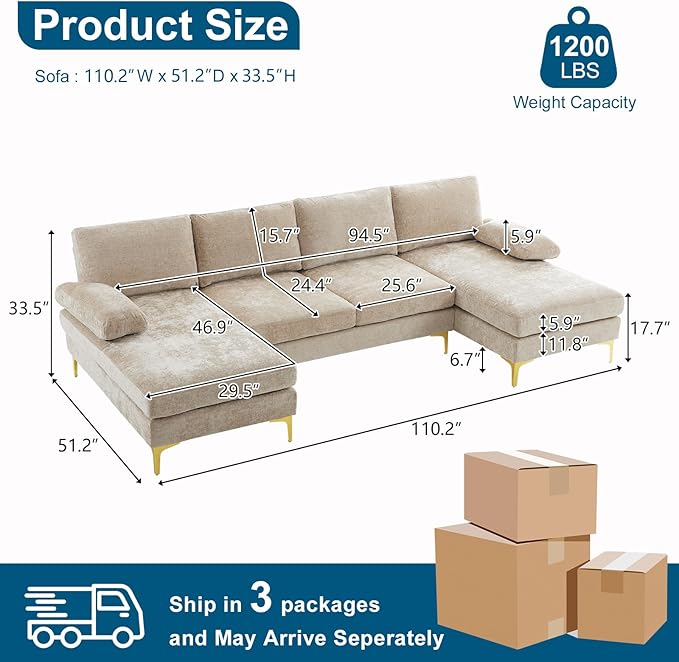 VINGLI 110 Large U-Shape Sectional Sofa Couch with 51 D Double Chaise for Living Room Modern Sectional Couch Set with Soft 5.9 Thickness Seating Padding Chenille FabricMetal Gold Legs(Khaki)