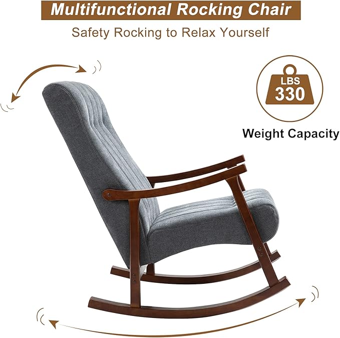 AVAWING Upholstered Rocking Chair with Fabric Padded Seat Comfortable Rocker Solid Wood for Living Room Modern High Back Armchair for Adult Dark Grey