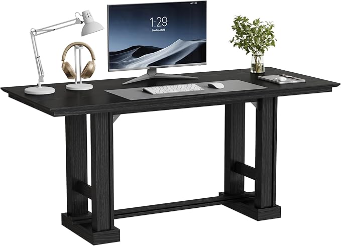DWVO 70 Inch Computer Desk Large Executive Office Table Workstation Modern Farmhouse Style Laptop Wooden Sturdy Legs Writing Desk Business Furniture for Home Black