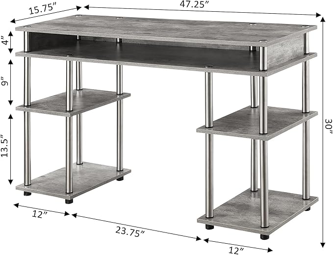 Convenience Concepts Designs2Go No Tools Desk Home Office Desk with Shelves Corner Shelf Vanity Desk Computer Desk Nail Table for Nail Tech - 47.25 L x 15.75 W x 30 H Faux Birch